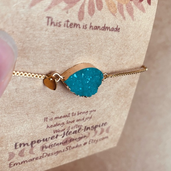 ✨Artisan Turquoise Quartz Druzy & 18k Gold Adjustable Bracelet ✨Handmade✨ - Picture 3 of 7